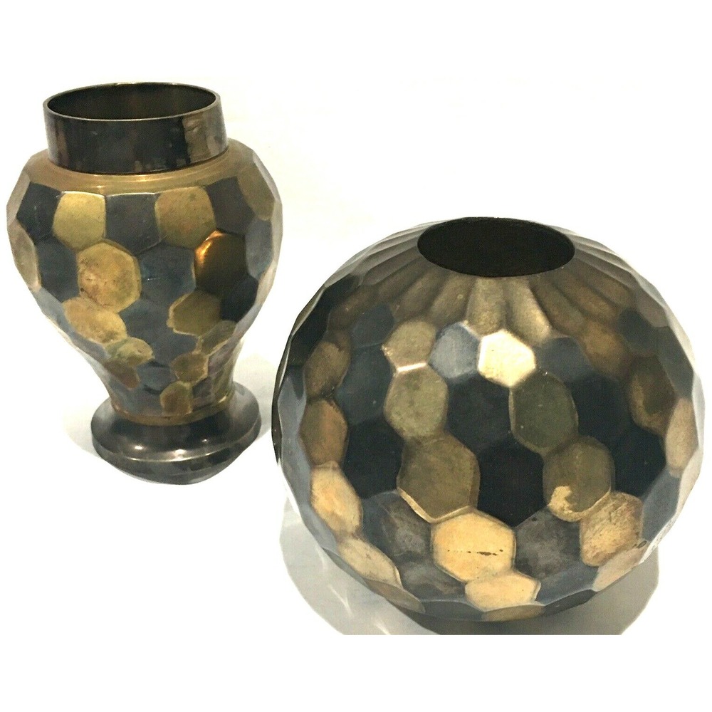 Solid Brass Vases In Honeycomb/Hexagon Design (Set Of 2) India Unbranded